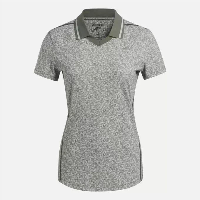 Damen-Polohemd mit Flügelärmeln, Johnny-Kragen und Mikro-Blumenmuster